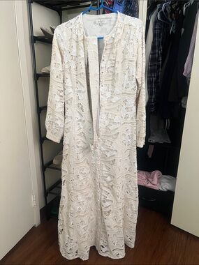 Long Cream Lace Maxi Dress with Button Front